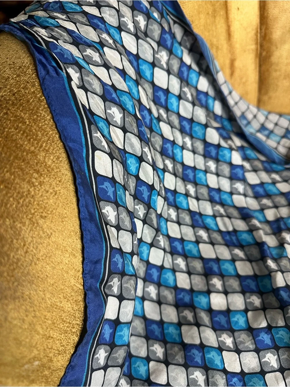Vintage Geometric Silk Dolphin Scarf Handmade 100% Silk
